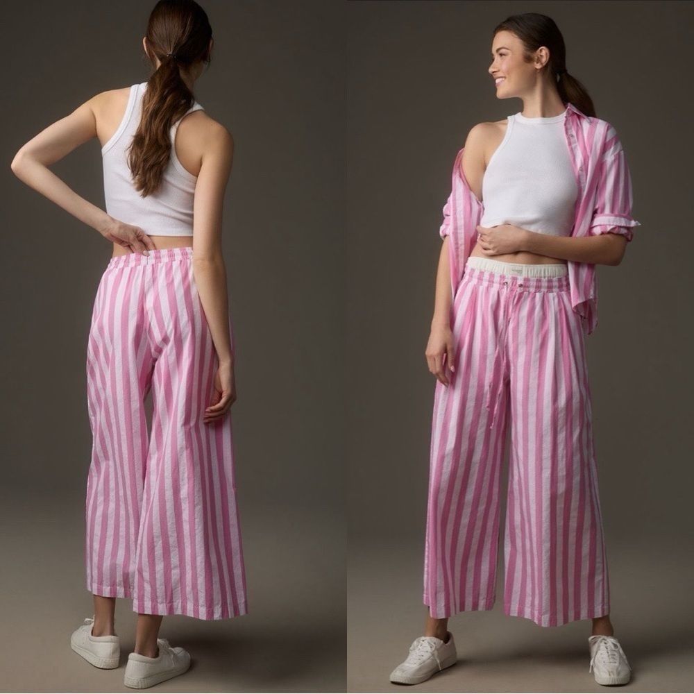 NWT ANTHROPOLOGIE SUNDRY Striped Wide Leg Pink White Drawstring Pants sz L - Picture 2 of 6